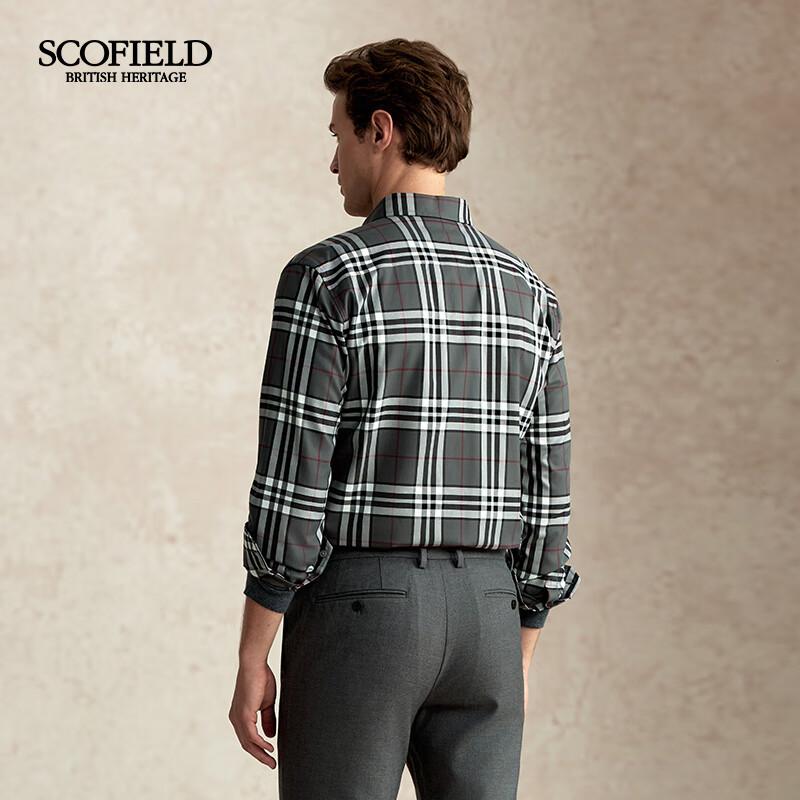 Scofield男士25秋季新款条纹格子绣花衬衫正装内搭舒适全棉透气长袖衬衣 灰色 L 175