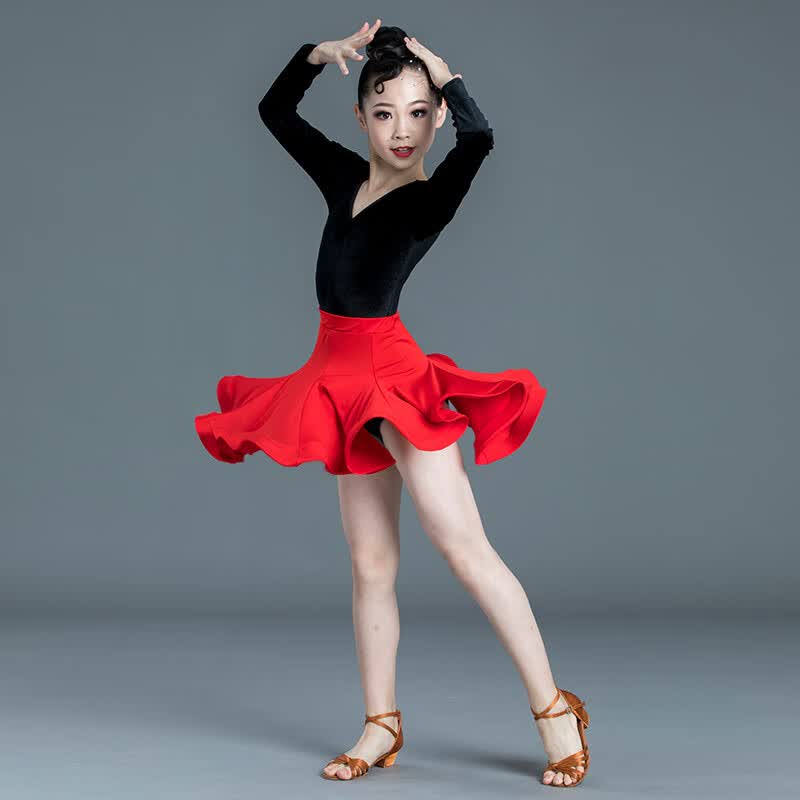 兰伶坊拉丁舞蹈服女儿童秋冬舞蹈练功服少儿考级比赛表演服舞裙 1718丝绒上衣红裙 110 cm