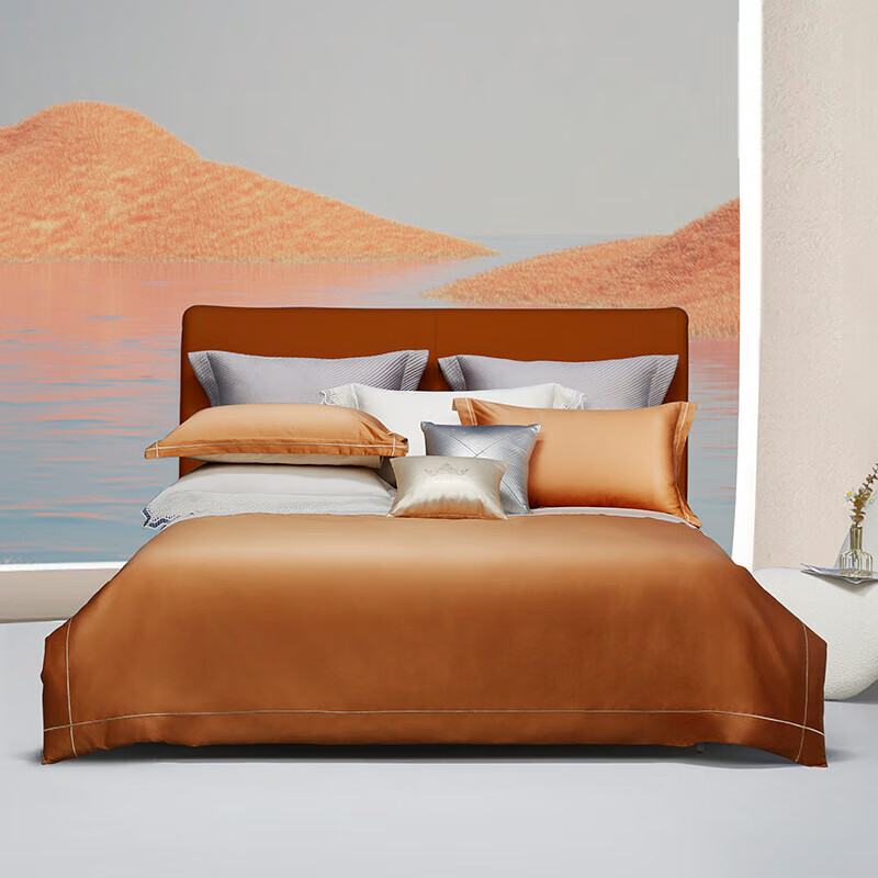 百丽丝四件套100支双股精致刺绣长绒棉四件套 迪丽莎尔(珊瑚金色) 床单款 （被套220*240cm）