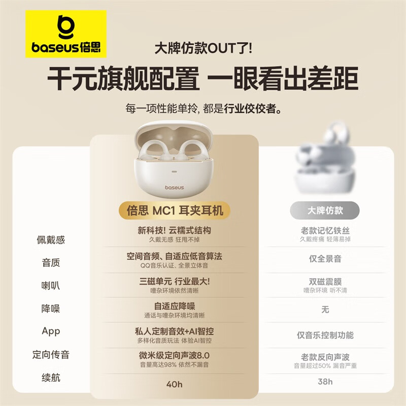 倍思 BASEUSMC1 AI蓝牙耳机七夕礼物小云朵骨传导概念耳夹式运动开放式不入耳通话降噪适用苹果华为手机 【星月白】云朵气囊|Ai豆包大模型|空间音频