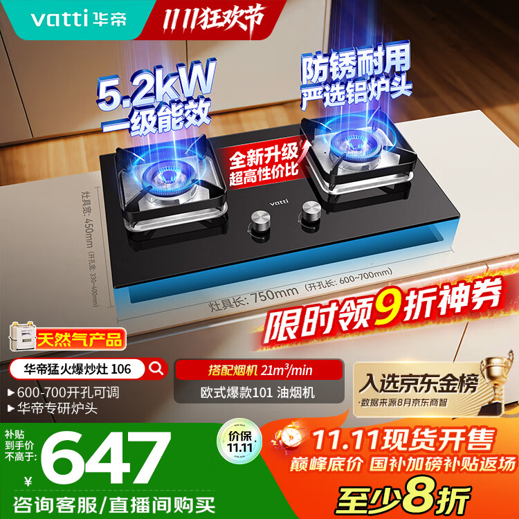华帝（VATTI）【小灶王】国家补贴20%燃气灶天然气嵌入式台式一级能效小尺寸5.2kW猛火煤气炉双灶具灶台i10106