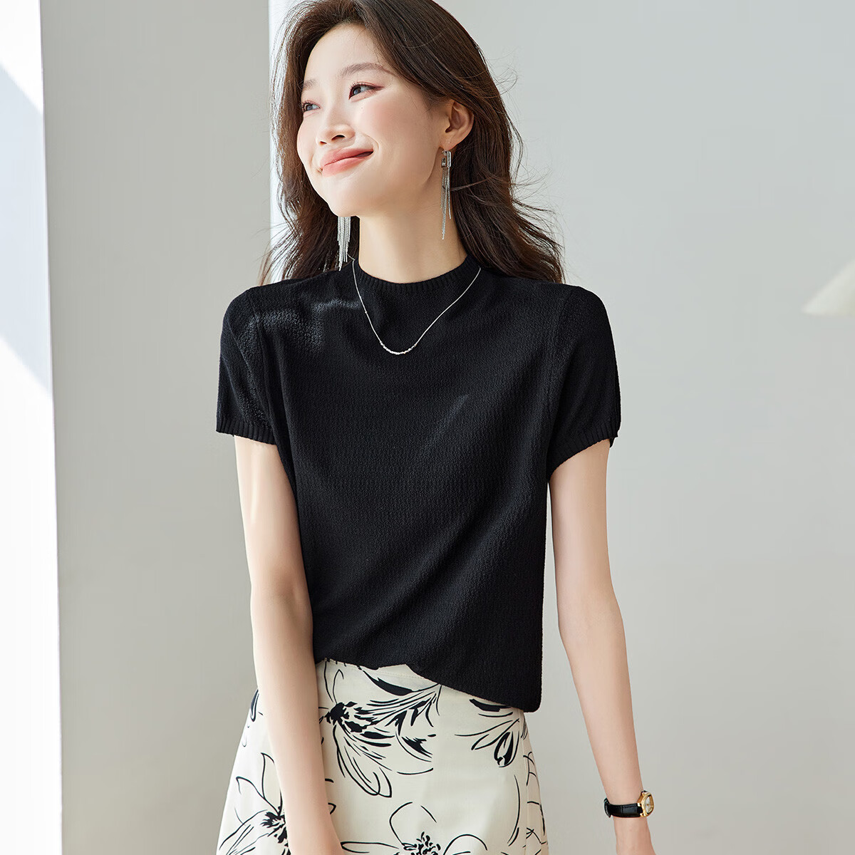 高级感减龄针织t恤衫女短款真丝短袖上衣