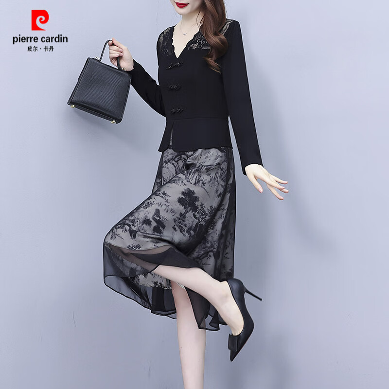 皮尔卡丹（pierre cardin）新中式连衣裙子女士装春秋冬季2026年新款假两件妈l妈长袖打底 黑色《高端大气时尚妈妈减龄遮肉大码胖mm小个子》 L (90-105斤)