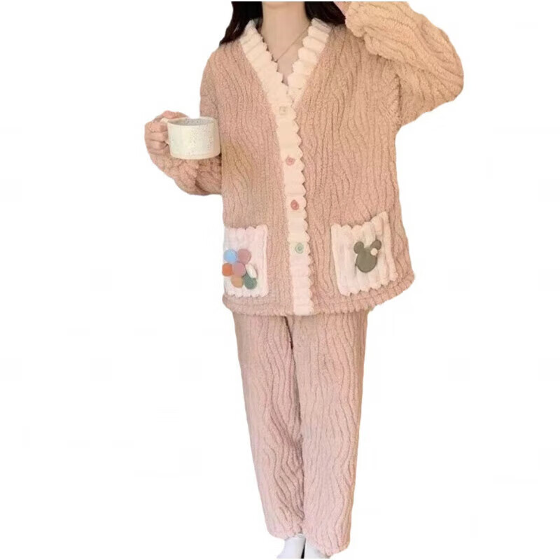 宝娜斯（BONAS）卡通珊瑚绒长裤秋冬宽松束脚松紧腰懒人睡裤家居睡衣套装 粉色-彩虹套装 均码 （90-150斤）