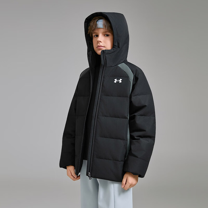 UNDER ARMOUR安德玛童装25冬新款儿童羽绒服休闲短款运动男童鸭绒面包服外套 黑色 170