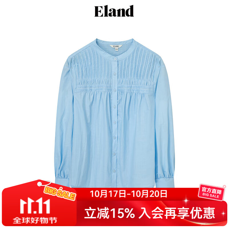 ELAND衣恋衬衫女前襟裥褶泡泡袖宽松纯棉透气上衣夏季新品 浅蓝色(51)L/Blue S 160