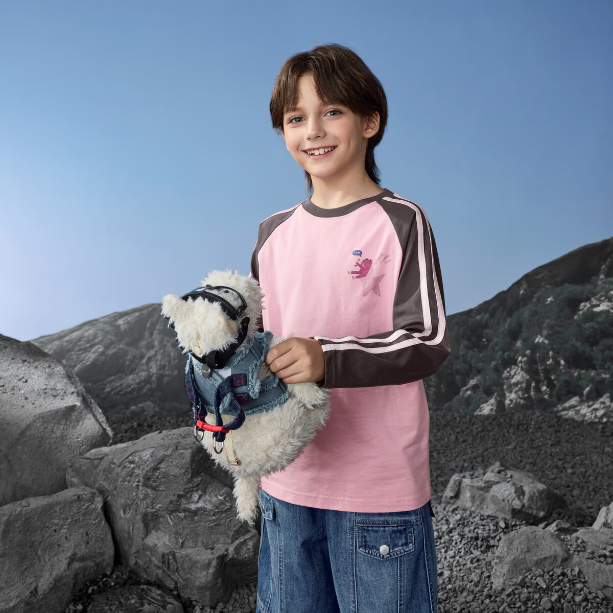 马骑顿(MQD)男童25秋新款学院风撞色插肩袖女童字母长袖体恤打底衫 浅粉 130