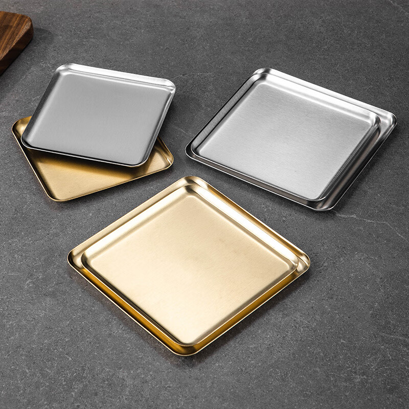 方形盘韩式304不锈钢长方形咖啡厅托盘直边金色烧烤盘 加厚直边盘【20*15本色】