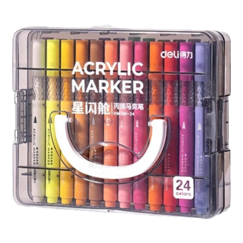 得力星闪舱丙烯马克笔不透纸可叠色儿童小学生彩笔丙烯笔幼儿园绘画防水涂鸦DIY水彩笔24色36色层叠盒 【加量100% 24色】 出墨顺畅 高显色