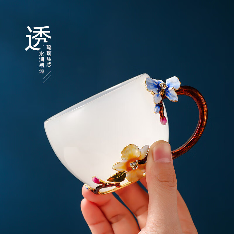胖东来同款琉璃咖啡杯珐瑯彩琉璃茶杯主人杯个人专用女士玉瓷茶具 新款兰花把杯(粉色)