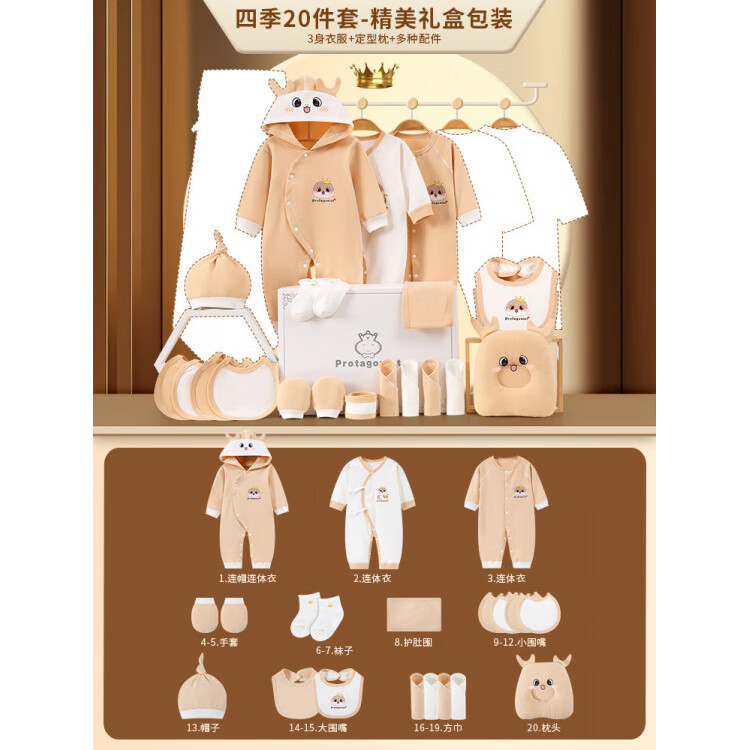 全纯棉时代新生儿纯棉衣服礼盒秋冬天穿的初生满月宝宝用品见面礼待产包生娃 20件3套黄色 礼盒包装四季款 59cm (0-3个月的宝宝)