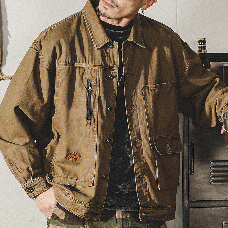 仓石一树美式工装复古重磅鱼骨纹夹克男春秋款阿美咔叽硬汉猎装外套 焦糖色 XL 适合145-160斤