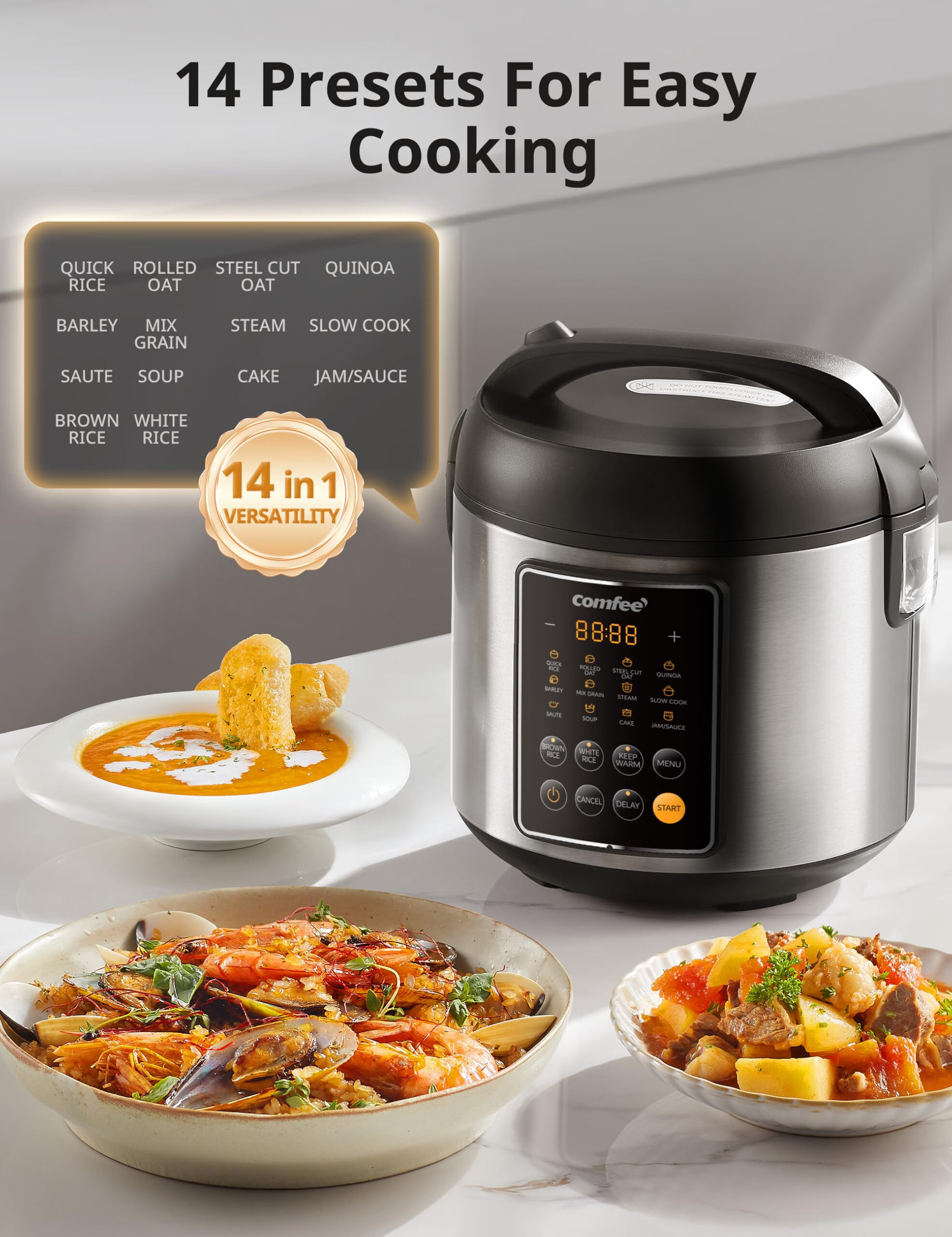 comfee 14功能5L多功能电饭煲 不锈钢内胆 需要变压器 黑色和不锈钢 14 Presets_10 Cups Uncooked