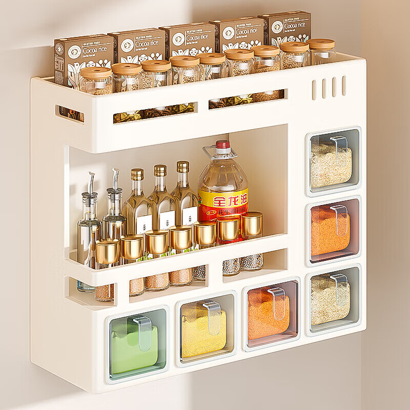 本王（BW）廚房調(diào)料置物架壁掛免打孔調(diào)味品置物架家用多功能調(diào)料瓶罐收納盒 奶白·雙層六格[贈勺+防水標(biāo)貼]