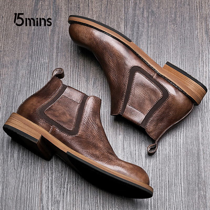 15分钟切尔西男靴英伦风马丁靴男高帮商务皮鞋头层牛皮男士皮靴 咖啡 43