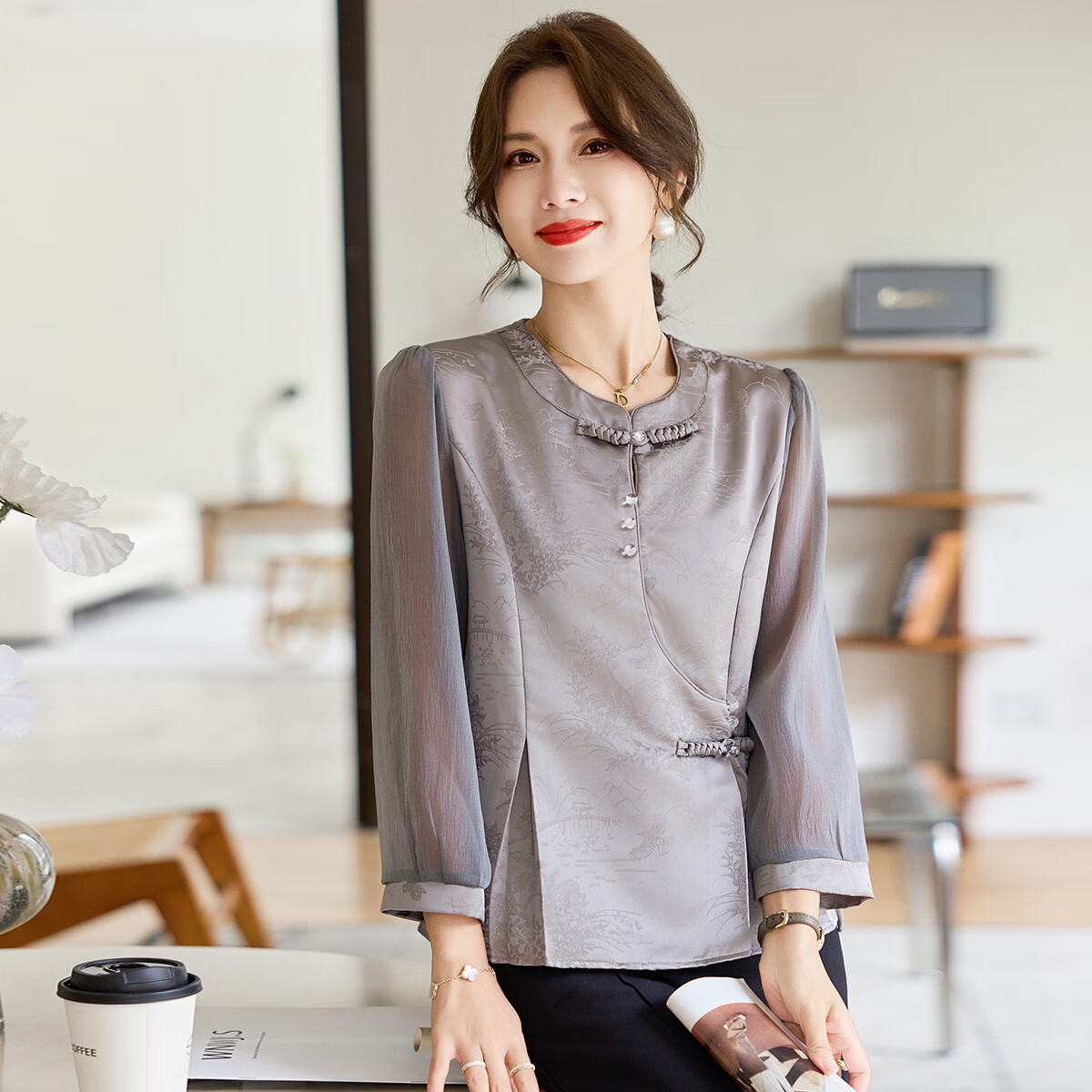 简狐新中式国风秋装中年妈妈装长袖T恤时尚气质上衣春秋季洋气女装