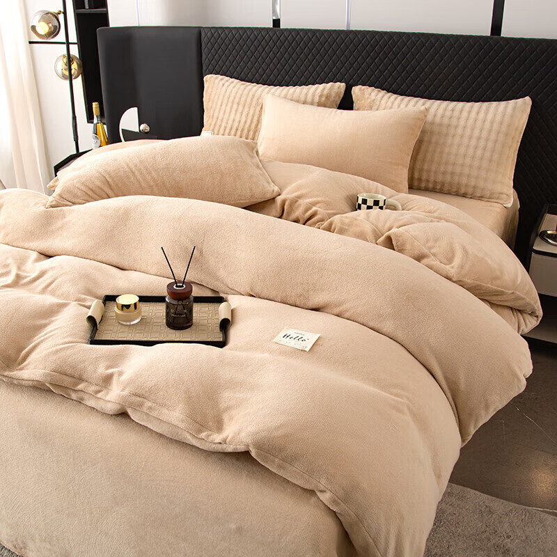 软贝简约轻奢牛奶绒床上四件套保暖毛绒床单被套学生宿舍秋冬款三件套 卡其 2.0m 床单款 (被套200*230cm) 四件