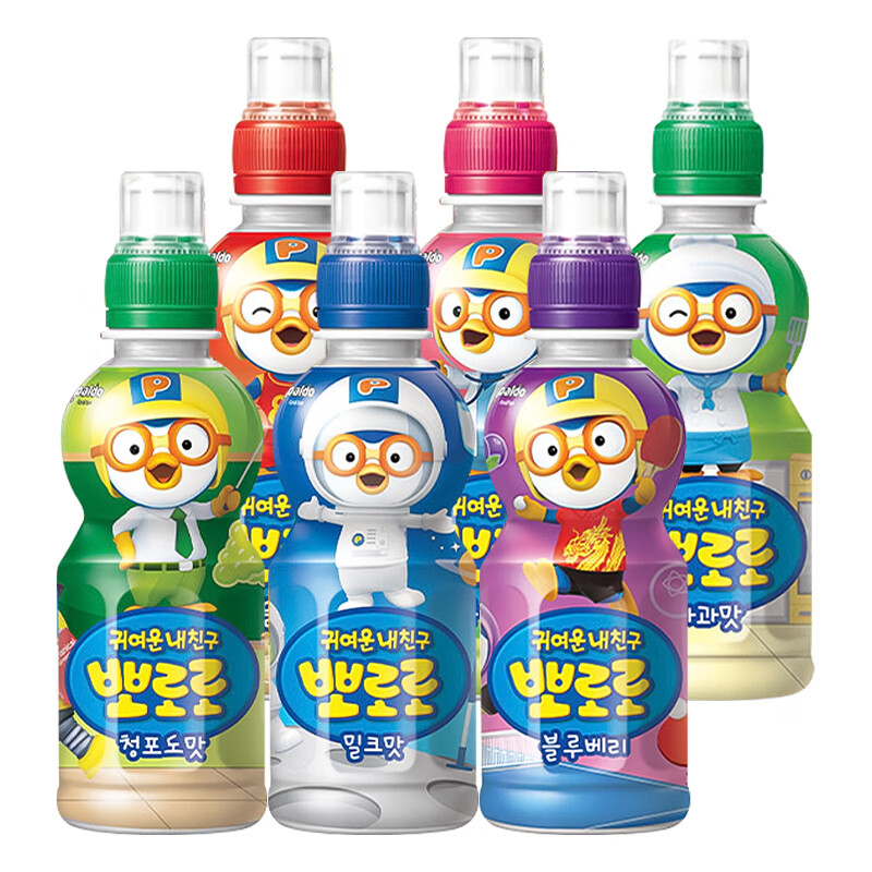 啵乐乐（Pororo）韩国进口啵乐乐果汁饮料啵啵乐儿童果味牛奶味饮品混合口味 6种口味各1瓶/235ml