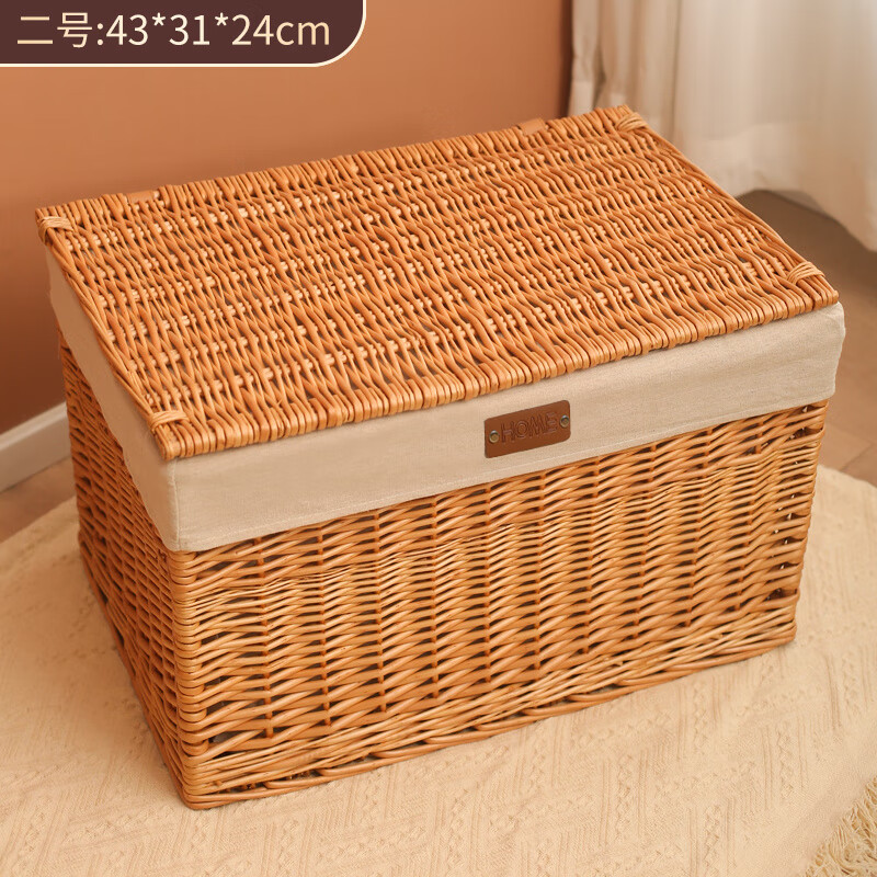 尚居優(yōu)品窄高款柳編臟衣籃編織箱藤編臟衣服收納筐衣簍裝放衣服框子臟衣簍 圓柳原木色筐二號帶蓋【皮標(biāo)棉麻】【尺寸：43*31