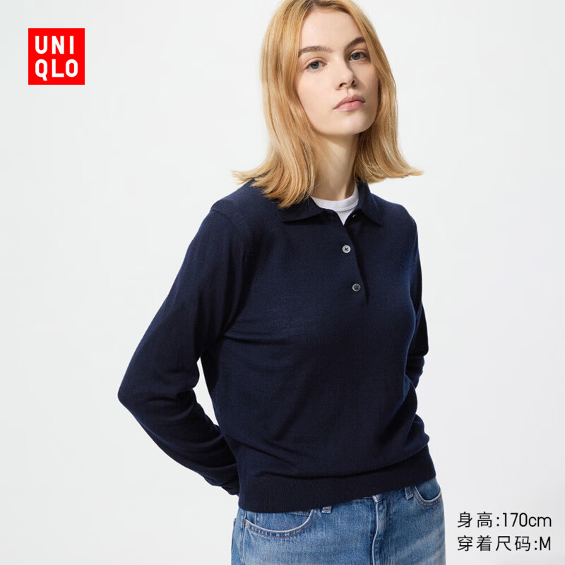优衣库女装精纺美利奴羊毛POLO领针织衫/通勤25秋冬新款478333 69 藏青色 M /160/84A