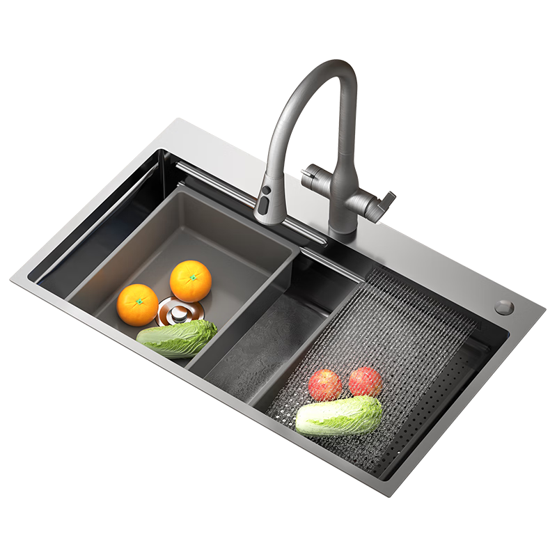 九牧（JOMOO）不锈钢魔法师厨房水槽大单槽洗菜盆飞雨瀑布槽78*48抽拉龙头06388