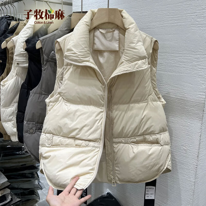 子牧棉麻2025冬装 女百搭立领棉衣马甲时尚百搭外套马夹坎肩上衣2301 米白色 XL (建议125-135斤)