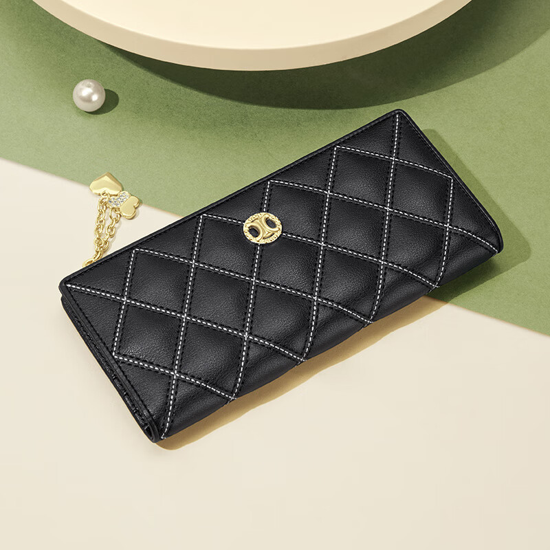 蔻一（Cnoles）新款長款錢包小香風(fēng)菱格錢夾多卡位錢包女士大容量皮夾 黑色