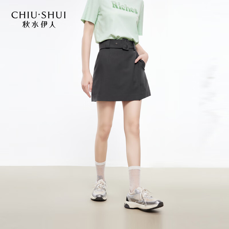 秋水伊人A字型前側(cè)開叉腰帶半身裙2025年夏季女休閑簡(jiǎn)約短裙 073 深灰 L
