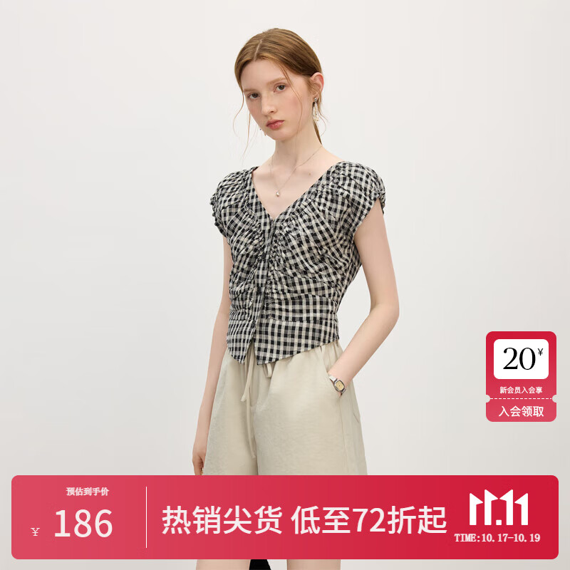 范思蓝恩减龄田园v领格子棉感衬衫女2025夏装新款短款百搭上衣女 黑白格纹 S