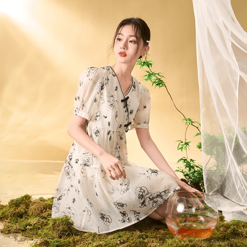 香影（xiangying）新中式改良旗袍女年輕2025夏裝新款日常國風水墨畫盤扣連衣裙 米色 L