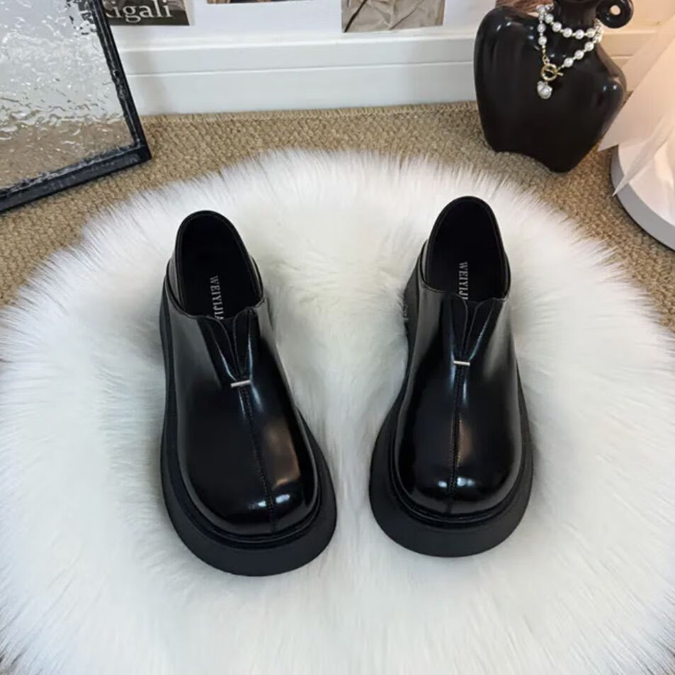 个性大头乐福鞋女2025新款厚底松糕5cm小个子CGf英伦增高乐福鞋 黑色(升级版) 36