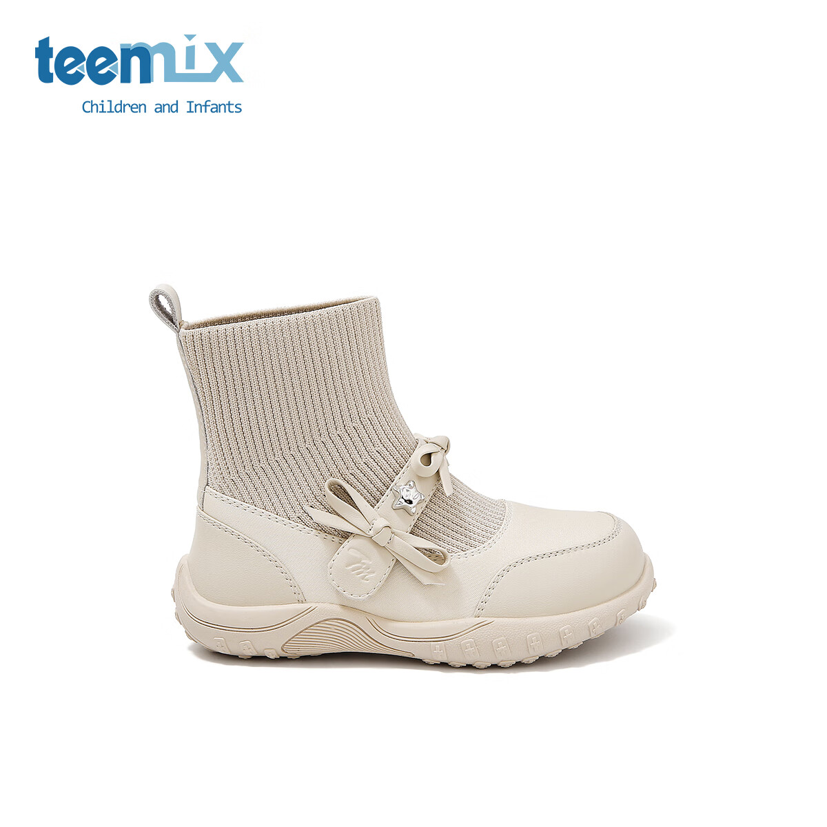 天美意天美意童鞋2025年春秋新款小女孩蝴蝶结公主靴女童百搭中大童袜靴 米色 31