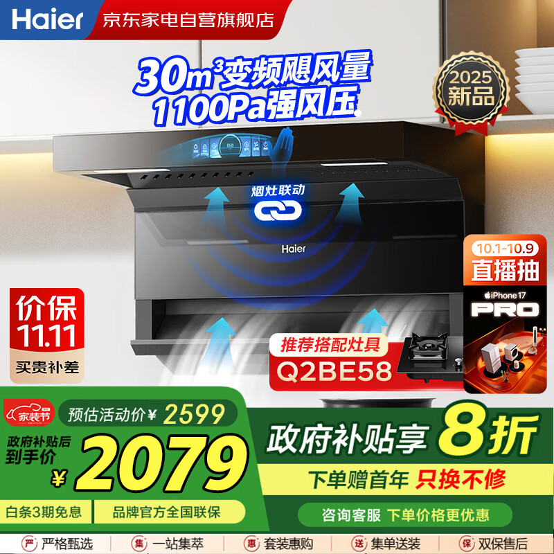 海尔（Haier）油烟机 顶侧双吸抽烟机 变频30立方大吸力家用油烟机 1100Pa风压 热熔自清洁 烟灶联动EC739UD