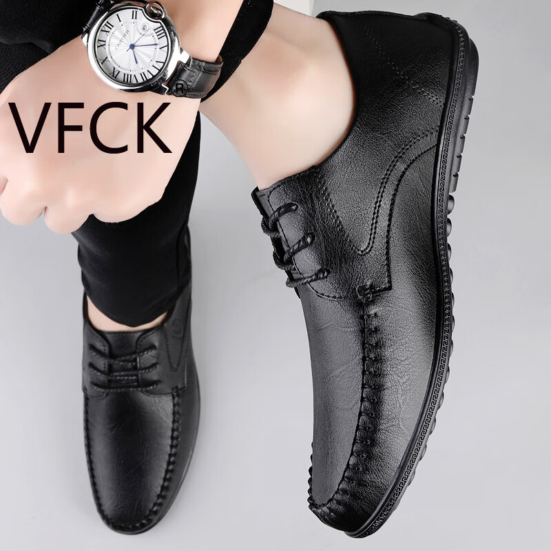 VFCK官方正品男鞋2025新款真皮透气商务休闲皮鞋男软皮软底系带驾车鞋 黑色CK-9810 46 (280mm) 标准皮鞋尺码