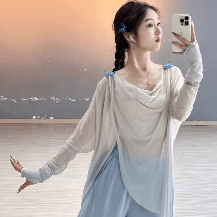 南啵丸现代舞宽松飘逸长袖罩衫蝴蝶渐变舞蹈练功服上衣中国古典舞演出服 蓝蝶上衣+蓝色莫代尔阔腿裤+吊带 均码