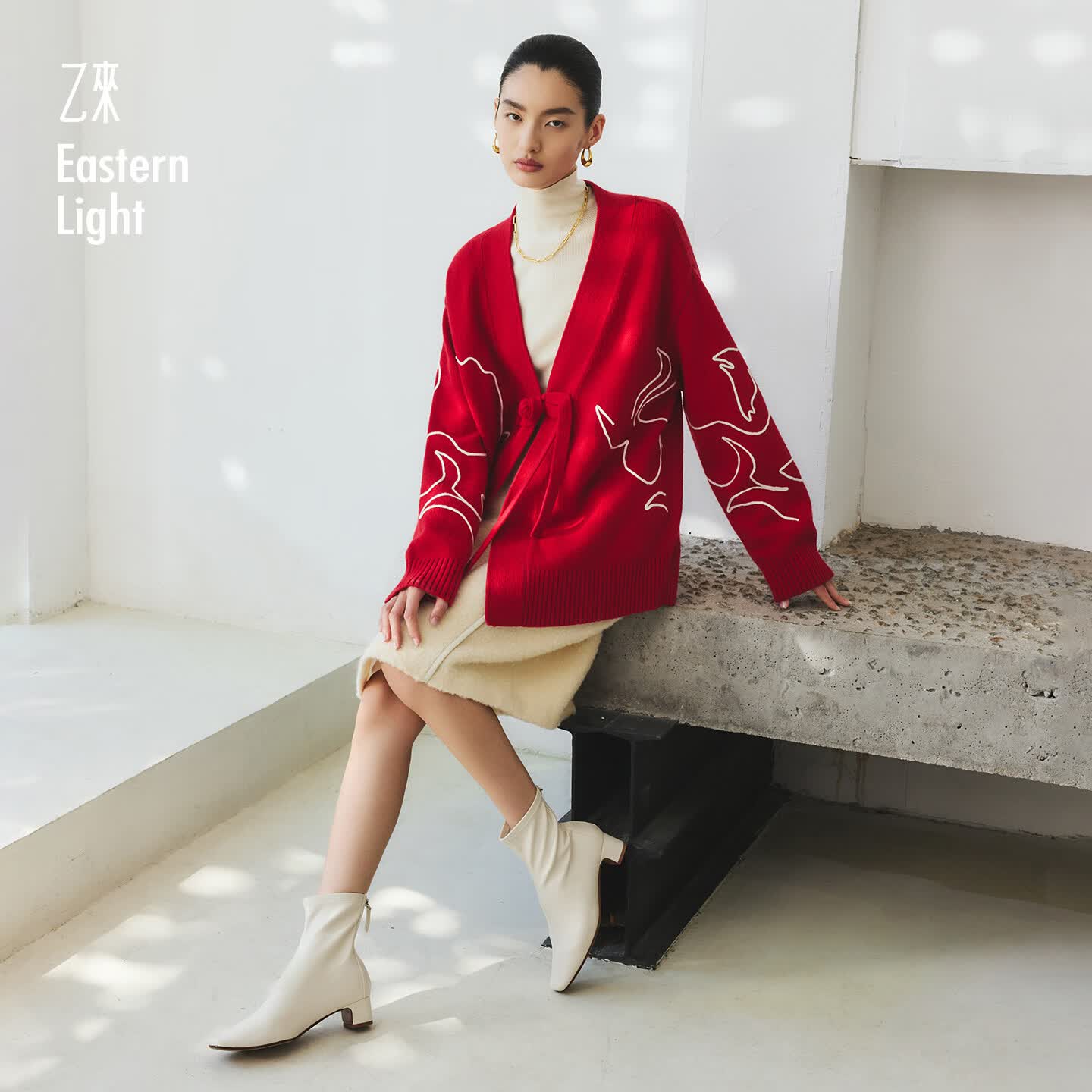 乙来（EASTERN LIGHT）【马年限定100%羊毛】开衫女装上衣显瘦薄外套秋冬本命骐骥红开衫 落日红 S