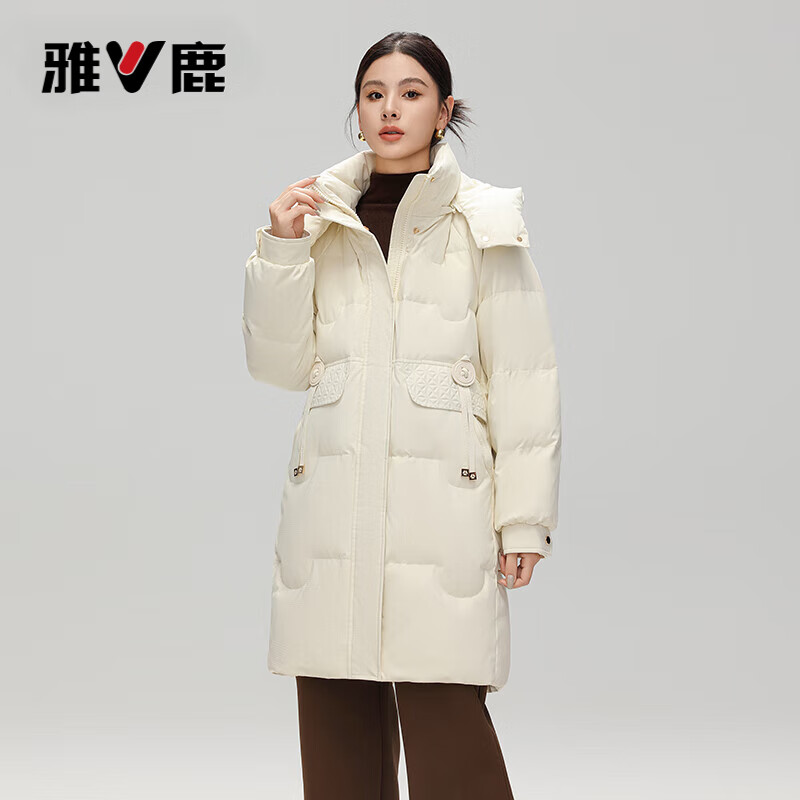 雅鹿中长款羽绒服女冬季2026年新款时尚休闲加厚保暖鸭绒外套女 卡其 L (165) 【 推荐125-140斤】