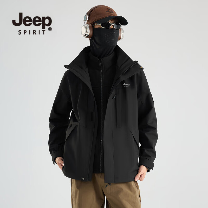 JEEP SPIRIT吉普 黄色冲锋衣女2025新款三合一春秋户外小个子情侣登山防风外 男女同款-黑色【单冲/春秋款】 M(100-120斤) 京东折扣/优惠券
