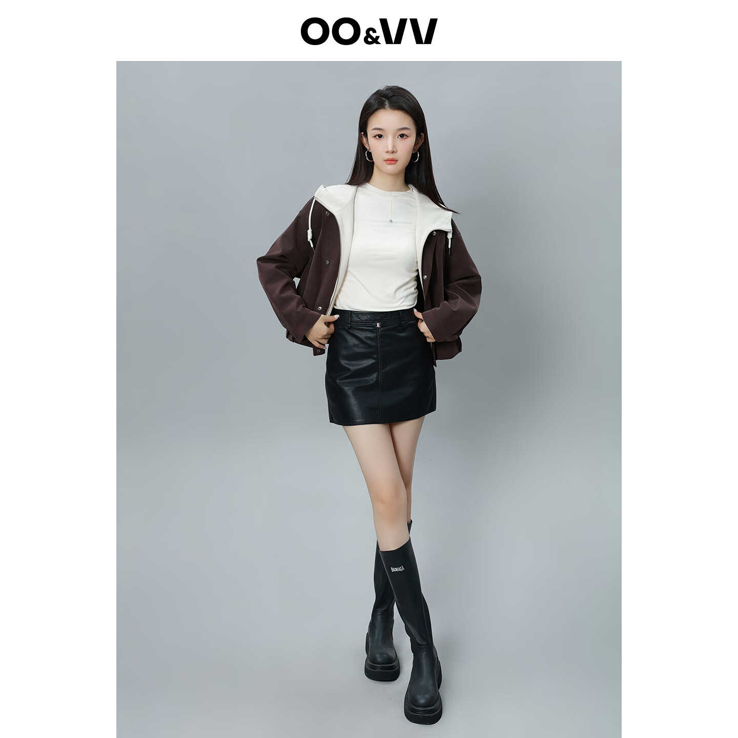 OO&VV2025年秋装新款撞色拼接连帽外套女设计时尚百搭显瘦上衣假期出游 摩卡棕 M