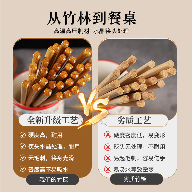 福式楠竹筷子加粗7.5mm无漆无蜡无竹节家用碳化竹筷防滑 天然楠竹筷子-26cm 加粗7.5mm+水晶头 【30双】无漆无蜡