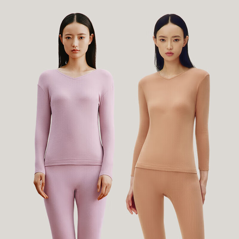 三枪（THREEGUN）[2件]保暖内衣女纯棉V领柔软透罗纹高弹秋衣秋裤秋冬季抗静电 【V领上衣】浅藕红+棠梨橙 L