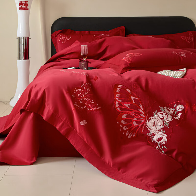 水星系列家纺新中式蝴蝶刺绣结婚四件套大红色床单被套喜庆纯棉新婚庆床上用品 禧意天成-红 1.5m床单款四件套被套200*230