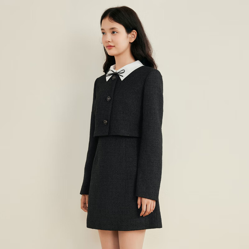 乐町假两件小香风连衣裙女蝴蝶结胸针可开门襟连衣裙 黑色（现货） S