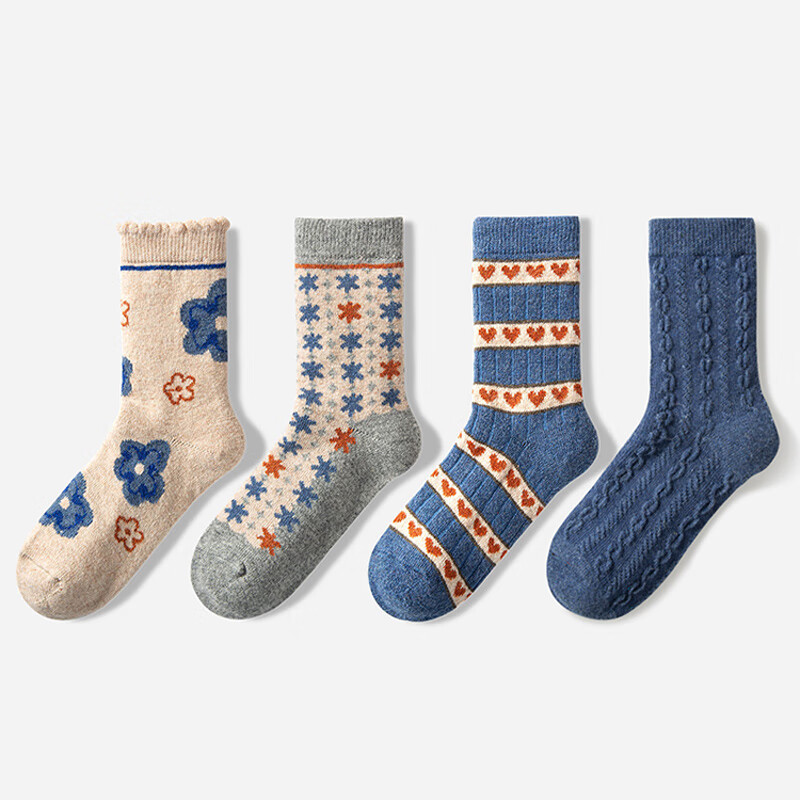 耐尔（NAIER）绵羊毛袜子女秋冬长袜加厚保暖复古百搭中筒袜ins潮堆堆袜 【爆品-装】复古花朵-绵羊毛 4双 均码 女_35-39保暖羊毛袜_加购送