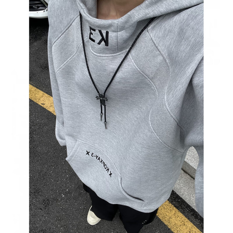 POUM白花灰高领连帽卫衣男士秋冬美式拼接刺绣外套休闲宽松情侣帽衫 BCYMG-Y41藏青色 M