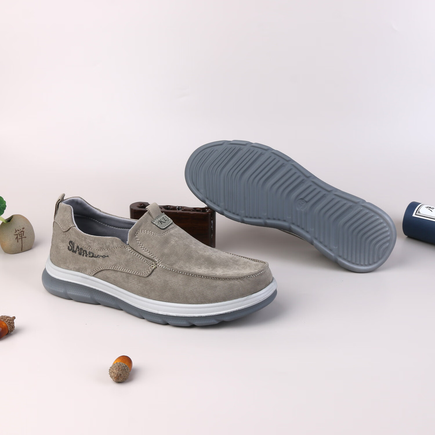 步瀛斋青中年透气休闲一脚蹬男士布鞋轻便软底防滑老北京布鞋男开车通勤 卡其 42