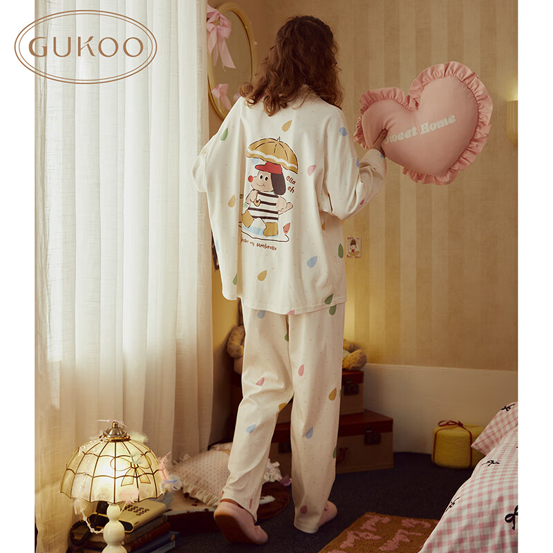 果壳（Gukoo）情侣睡衣春秋款卡通满印翻领男女士情侣家居服内衣套装睡衣女A 浅黄色 100%棉 M