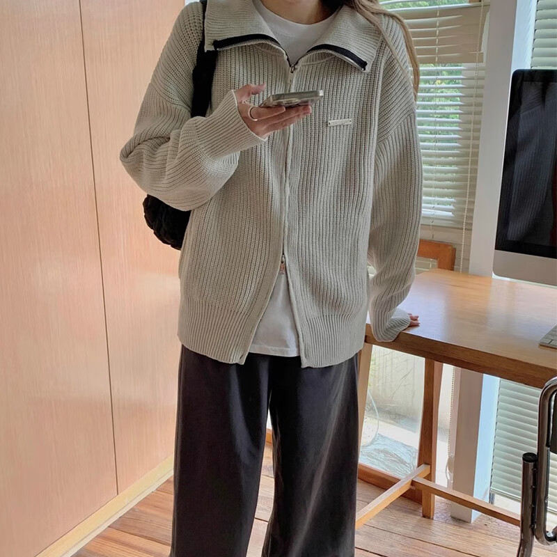俞兆林针织毛衣女秋冬2025年新款双拉链开衫外套韩系慵懒风宽松显瘦上衣 浅灰色 【升级双拉链抗起球不变形】 均码 【适合80-140斤】