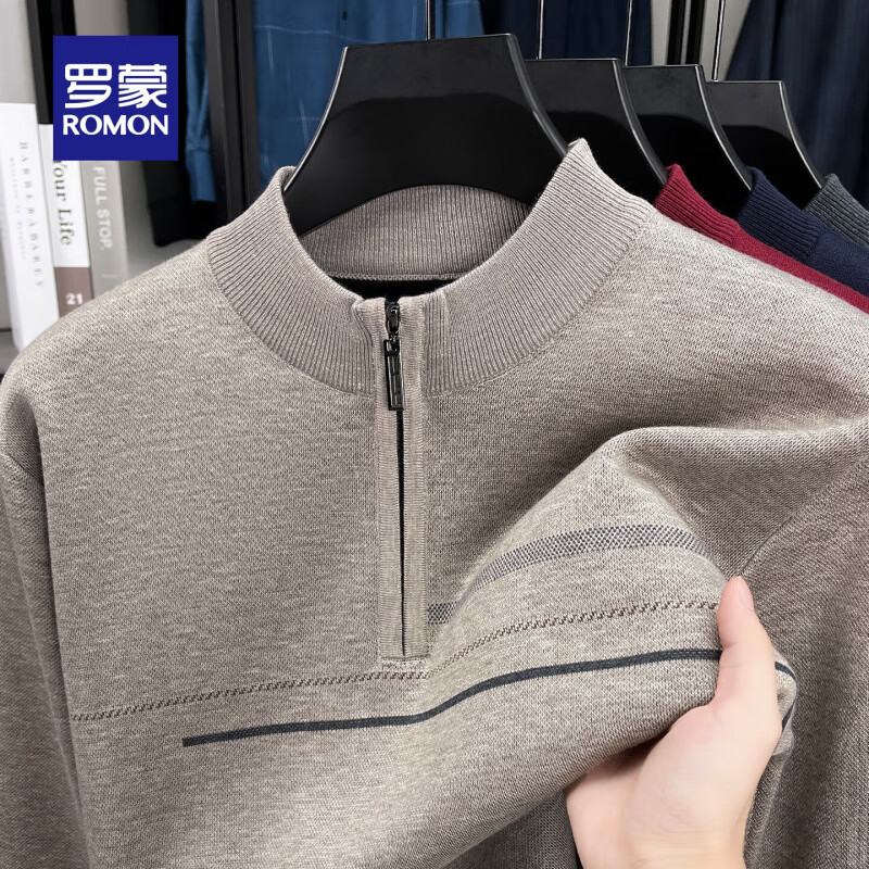 罗蒙含羊毛加绒针织衫男秋冬新款商务休闲时尚保暖半高拉链领厚毛衣男 驼色 M (165)