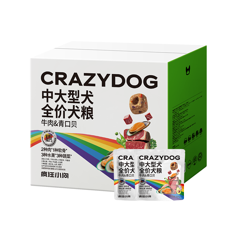 疯狂小狗中大型犬彩虹魔方牛肉&青口贝犬粮6kg（便携独立包装 100g*60）
